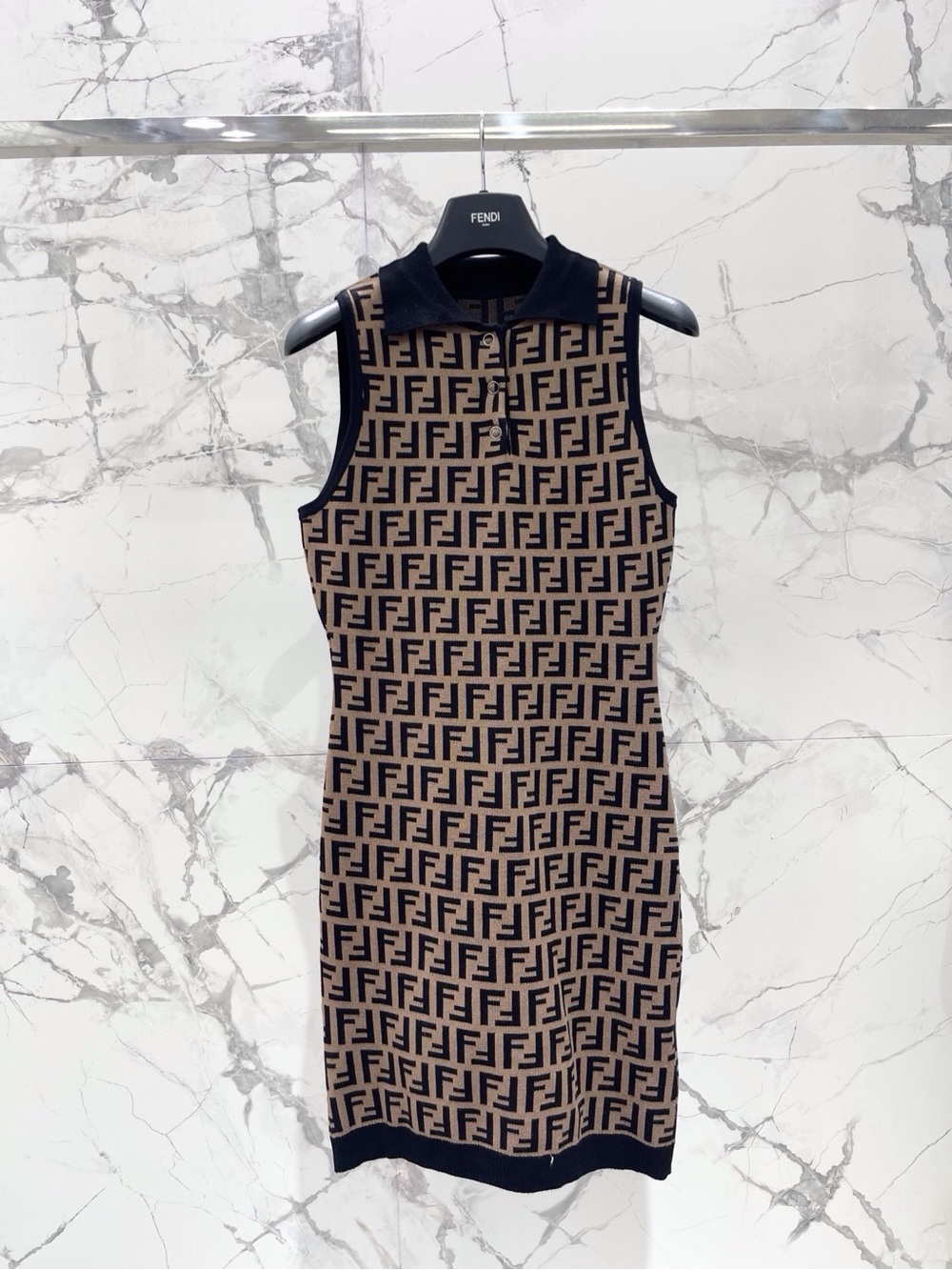 Fendi Beige & Black FF Logo Knit Polo Midi Dress